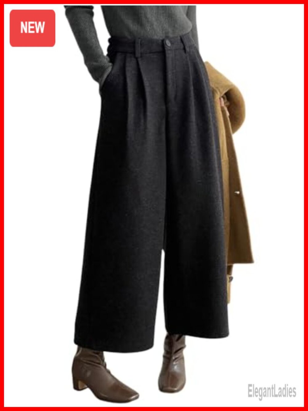 Wool Blend Cropped Wide Leg Palazzo Pants High Waisted Loose Pleated Front